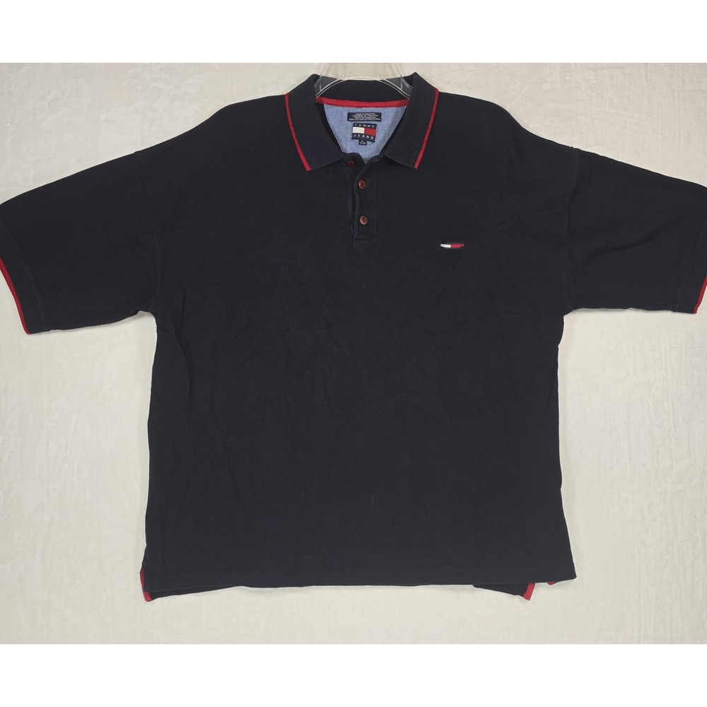 Vintage Tommy Jeans Polo Shirt Men's XL Navy Red Flag Logo 90s Preppy